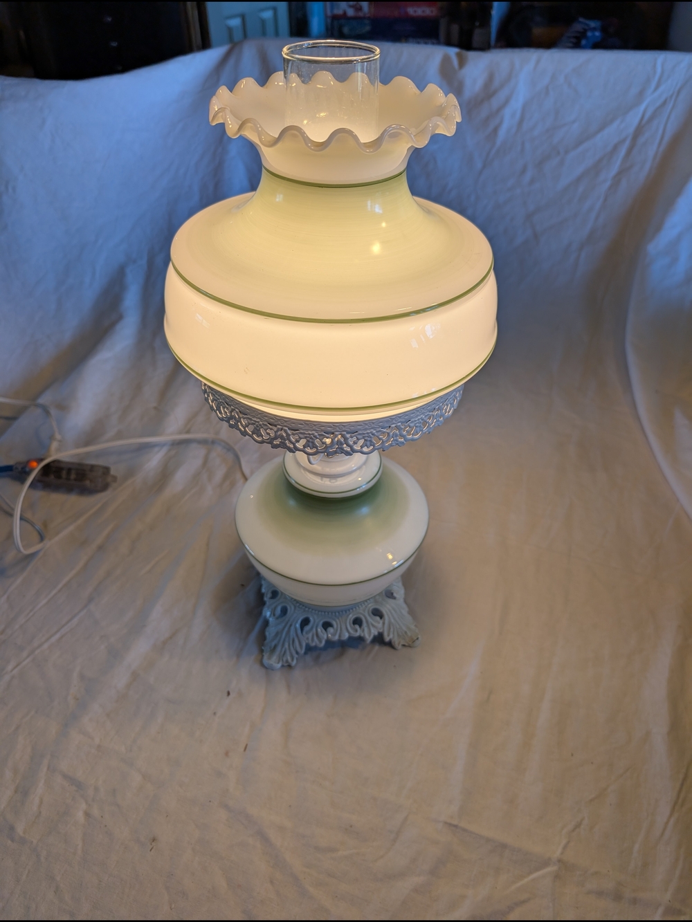 Vintage White and Green Ruffled Glass Table Lamp